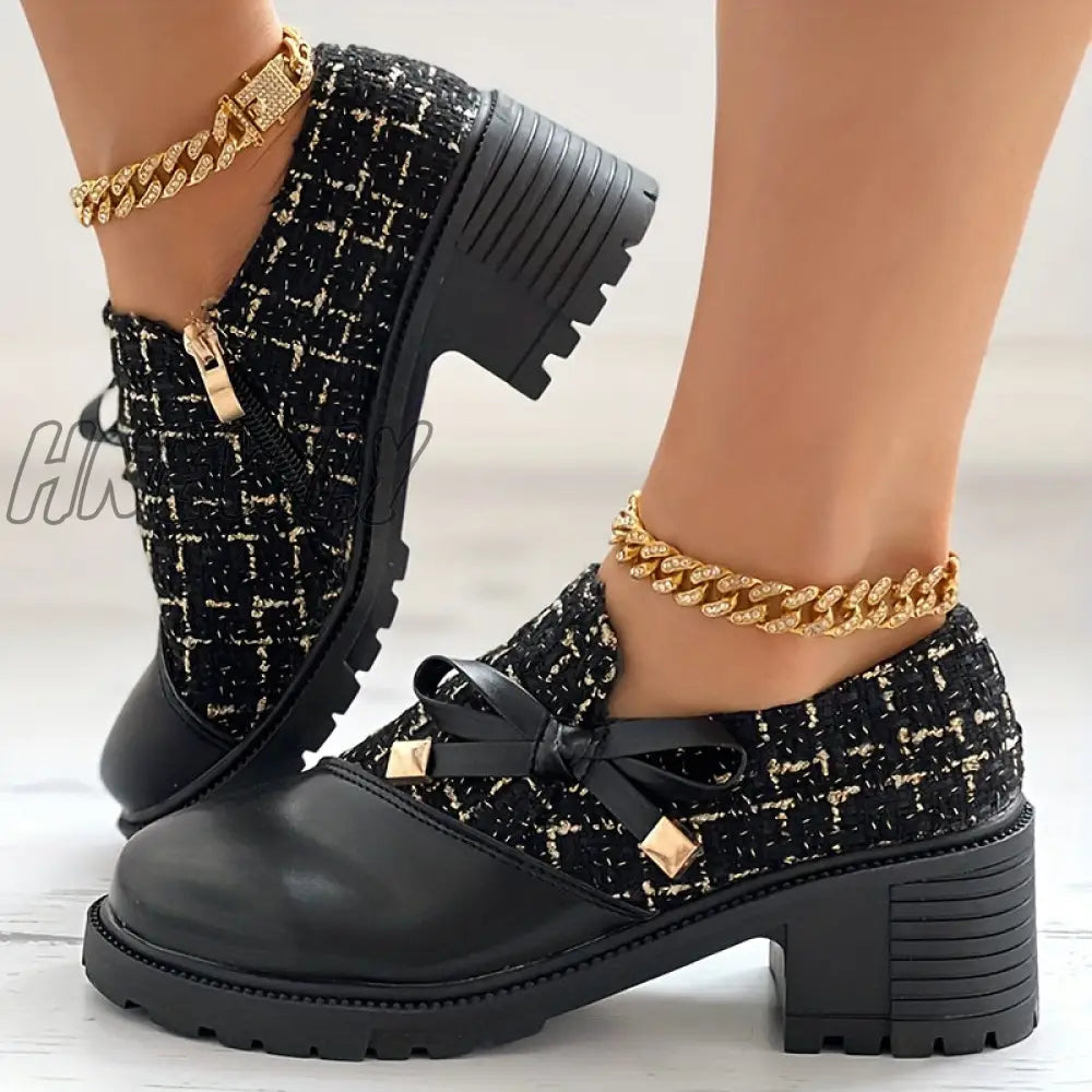 Hnewly Women’s Elegant Colorblock Shoes Bowknot Decor Side Zipper Comfy Chunky Heel Dress
