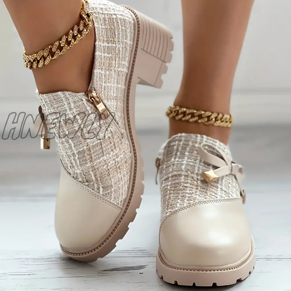 Hnewly Women’s Elegant Colorblock Shoes Bowknot Decor Side Zipper Comfy Chunky Heel Dress