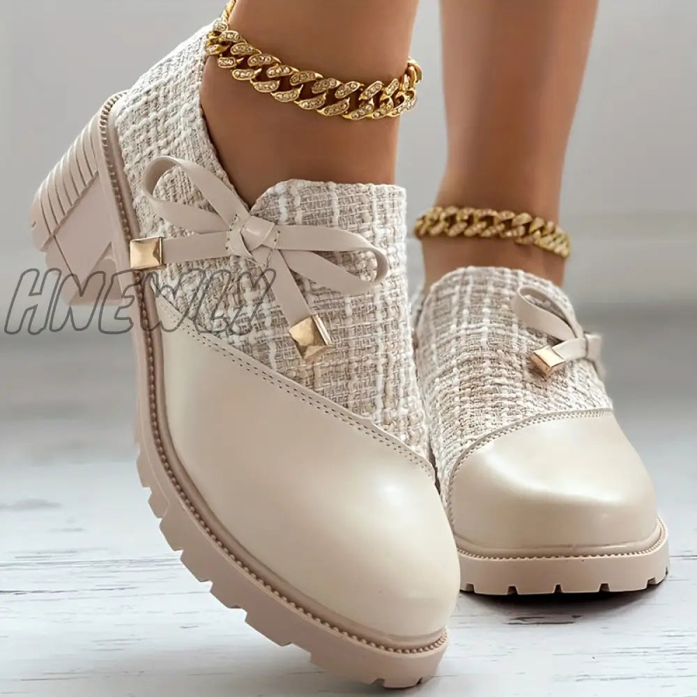 Hnewly Women’s Elegant Colorblock Shoes Bowknot Decor Side Zipper Comfy Chunky Heel Dress