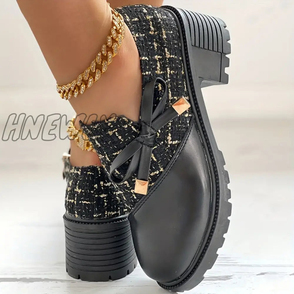 Hnewly Women’s Elegant Colorblock Shoes Bowknot Decor Side Zipper Comfy Chunky Heel Dress