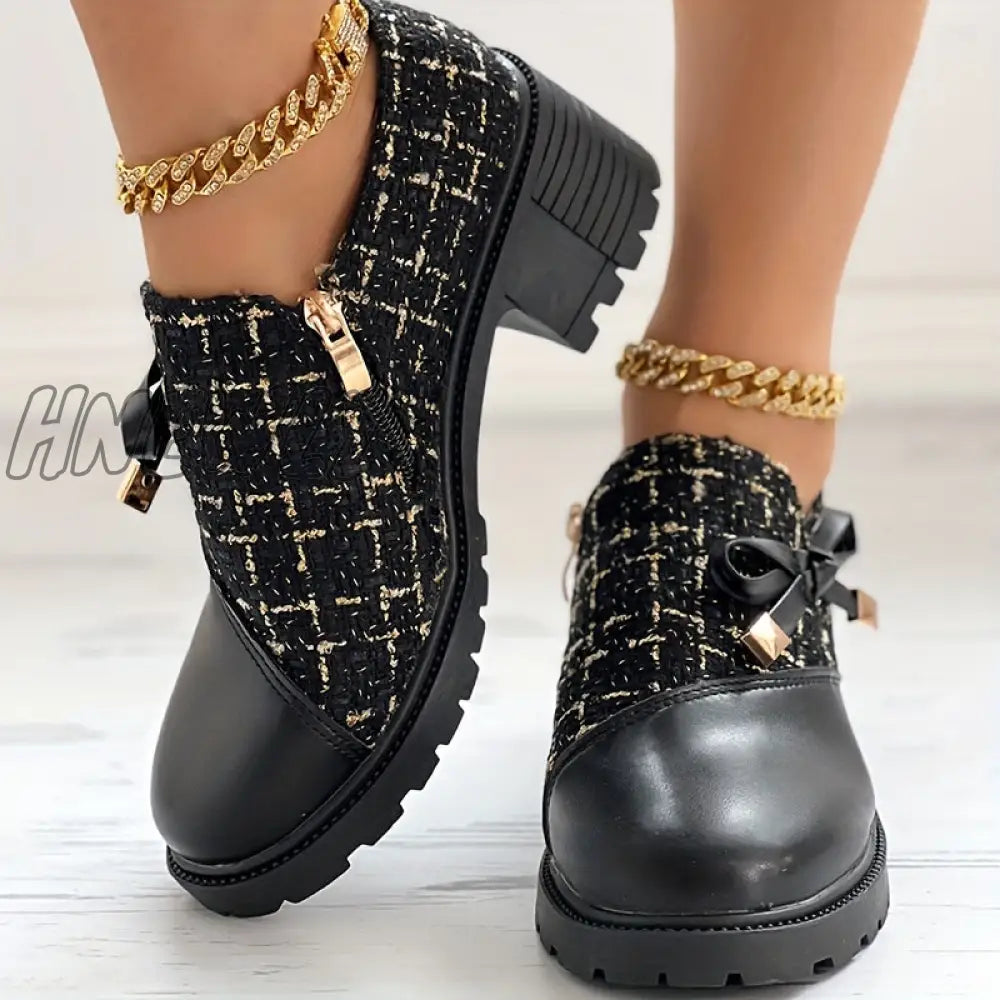 Hnewly Women’s Elegant Colorblock Shoes Bowknot Decor Side Zipper Comfy Chunky Heel Dress