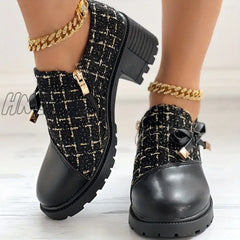 Hnewly Women’s Elegant Colorblock Shoes Bowknot Decor Side Zipper Comfy Chunky Heel Dress