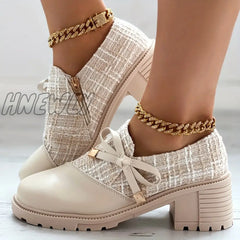 Hnewly Women’s Elegant Colorblock Shoes Bowknot Decor Side Zipper Comfy Chunky Heel Dress