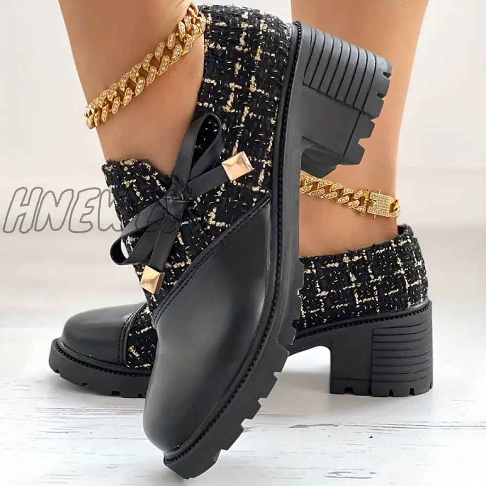 Hnewly Women’s Elegant Colorblock Shoes Bowknot Decor Side Zipper Comfy Chunky Heel Dress Black / 6