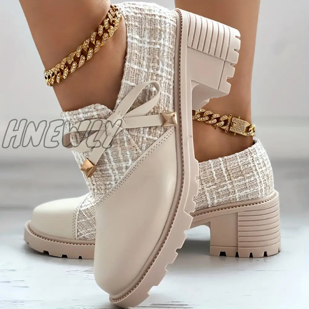 Hnewly Women’s Elegant Colorblock Shoes Bowknot Decor Side Zipper Comfy Chunky Heel Dress Milky / 6