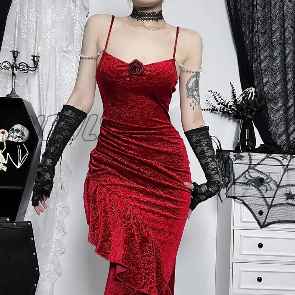 Hnewly Women’s Gothic Style Dress Sexy Gowns Temperament Elegant Slim Rose Halter Fishtail