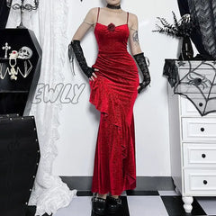 Hnewly Women’s Gothic Style Dress Sexy Gowns Temperament Elegant Slim Rose Halter Fishtail
