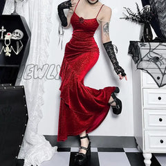 Hnewly Women’s Gothic Style Dress Sexy Gowns Temperament Elegant Slim Rose Halter Fishtail