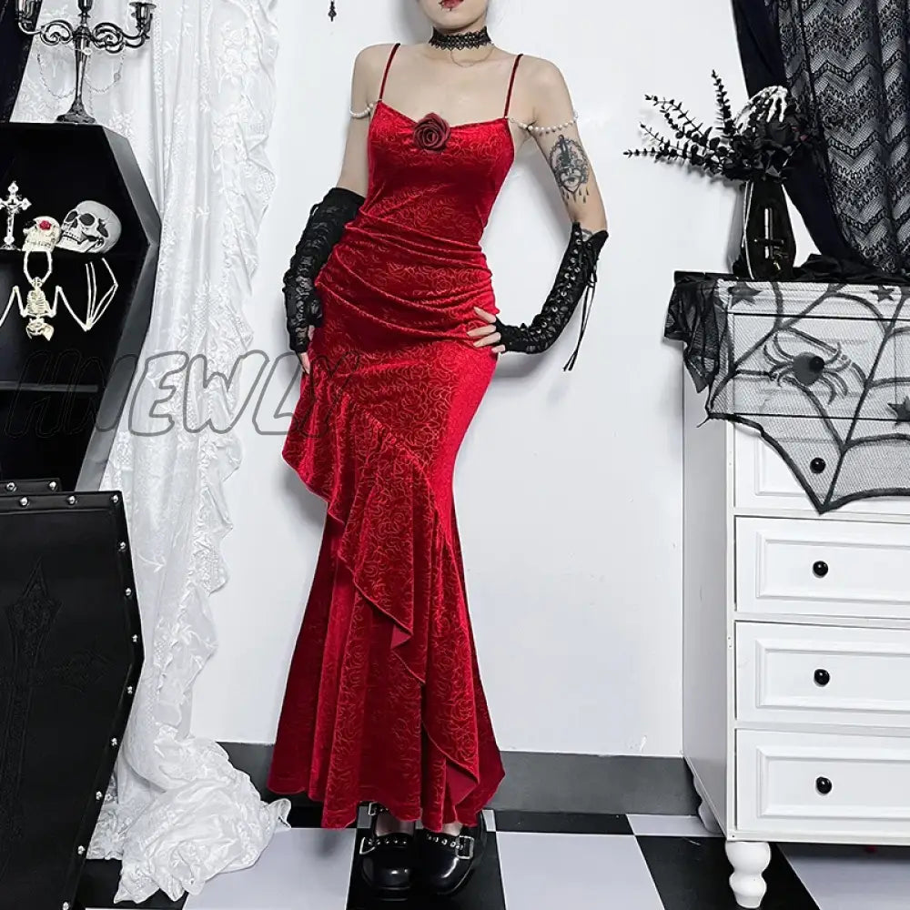 Hnewly Women’s Gothic Style Dress Sexy Gowns Temperament Elegant Slim Rose Halter Fishtail