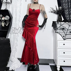 Hnewly Women’s Gothic Style Dress Sexy Gowns Temperament Elegant Slim Rose Halter Fishtail