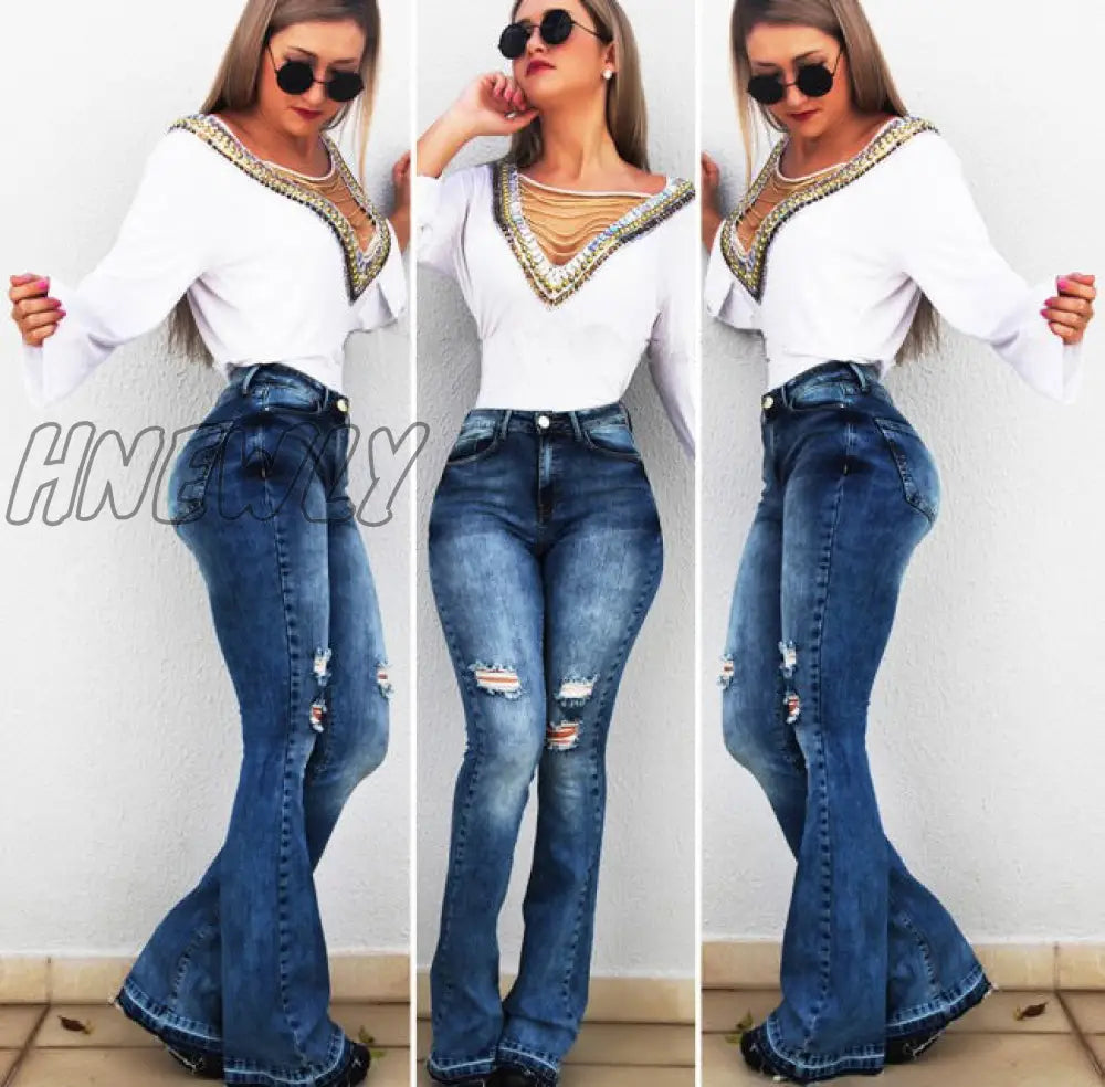 Hnewly Women’s High Waisted Jeans Skinny Ripped Boot Cut Denim Pants Sexy Push Up Flare Trousers