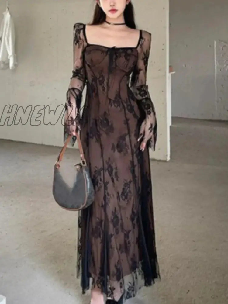 Hnewly Women’s Knitted Dress Lace Mesh Patchwork Long Sleeve Square Collar Up Sexy Mermaid Autumn