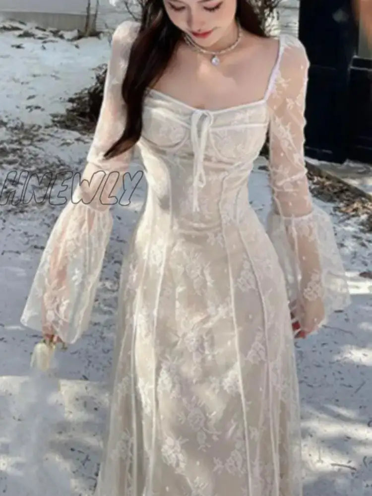 Hnewly Women’s Knitted Dress Lace Mesh Patchwork Long Sleeve Square Collar Up Sexy Mermaid Autumn
