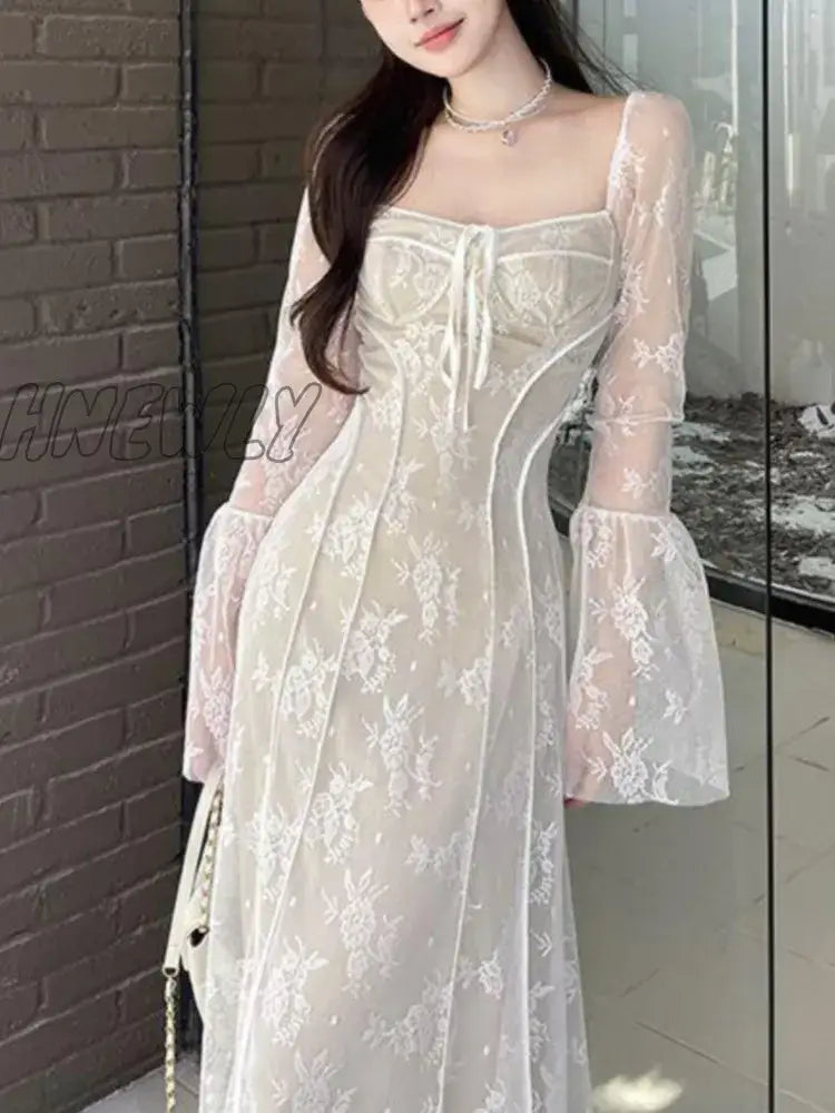 Hnewly Women’s Knitted Dress Lace Mesh Patchwork Long Sleeve Square Collar Up Sexy Mermaid Autumn