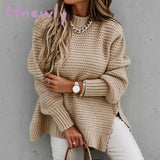 Hnewly Women's Knitted Sweater Fashion Round Neck Lantern Long-Sleeved Pullover Blouse Ladies Winter Leisure Loose Slit Women Sweater