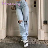 Hnewly Womens Loose Fit Jeans Ripped Wide Leg For Women High Waist Blue Wash Casual Cotton Denim Trousers Summer Baggy Jean Pants