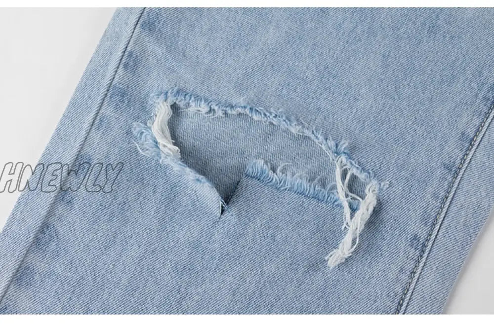 Hnewly Womens Loose Fit Jeans Ripped Wide Leg For Women High Waist Blue Wash Casual Cotton Denim