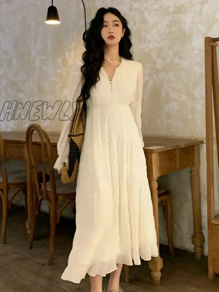 Hnewly Women’s Midi Dress Elegant V-Neck Pleated High Waist A-Line Casual Party Vestidos Fashion