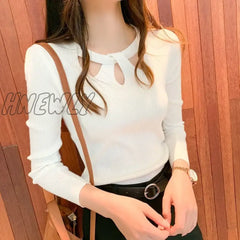 Hnewly Women’s O-Neck Stretch Sexy Pullover Lady Autumn Winter Hollow Solid Color Sweater Slim
