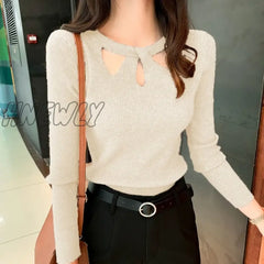 Hnewly Women’s O-Neck Stretch Sexy Pullover Lady Autumn Winter Hollow Solid Color Sweater Slim