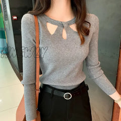 Hnewly Women’s O-Neck Stretch Sexy Pullover Lady Autumn Winter Hollow Solid Color Sweater Slim