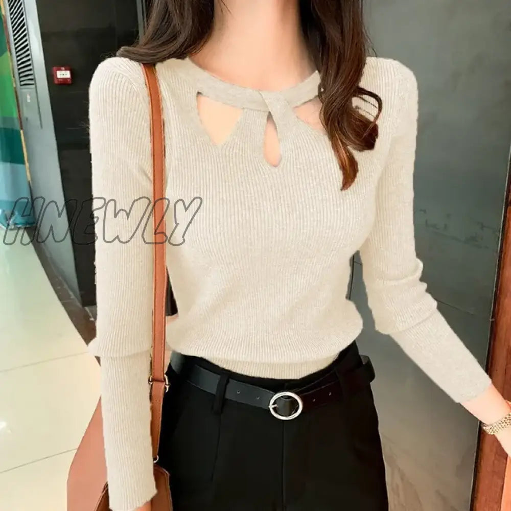 Hnewly Women’s O-Neck Stretch Sexy Pullover Lady Autumn Winter Hollow Solid Color Sweater Slim