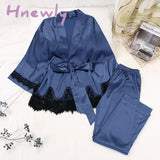 Hnewly Womens Pajama Sets Solid Women Robes With Sashes 2 Piece Set Wrist Sleep Tops Satin Pants