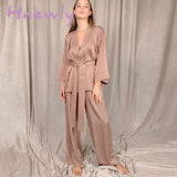 Hnewly Womens Pajama Sets Solid Women Robes With Sashes 2 Piece Set Wrist Sleep Tops Satin Pants