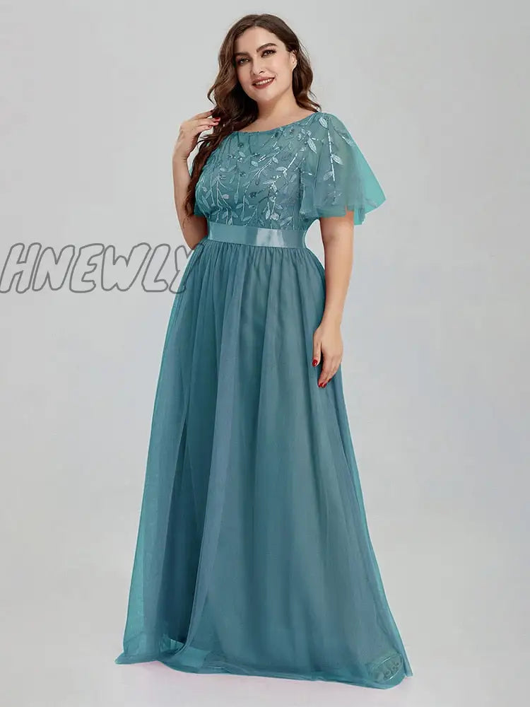 Hnewly Women’s Plus Size Mesh A-Line Sequin Embroidery Evening Dress Leaf Maxi Prom With Sleeves
