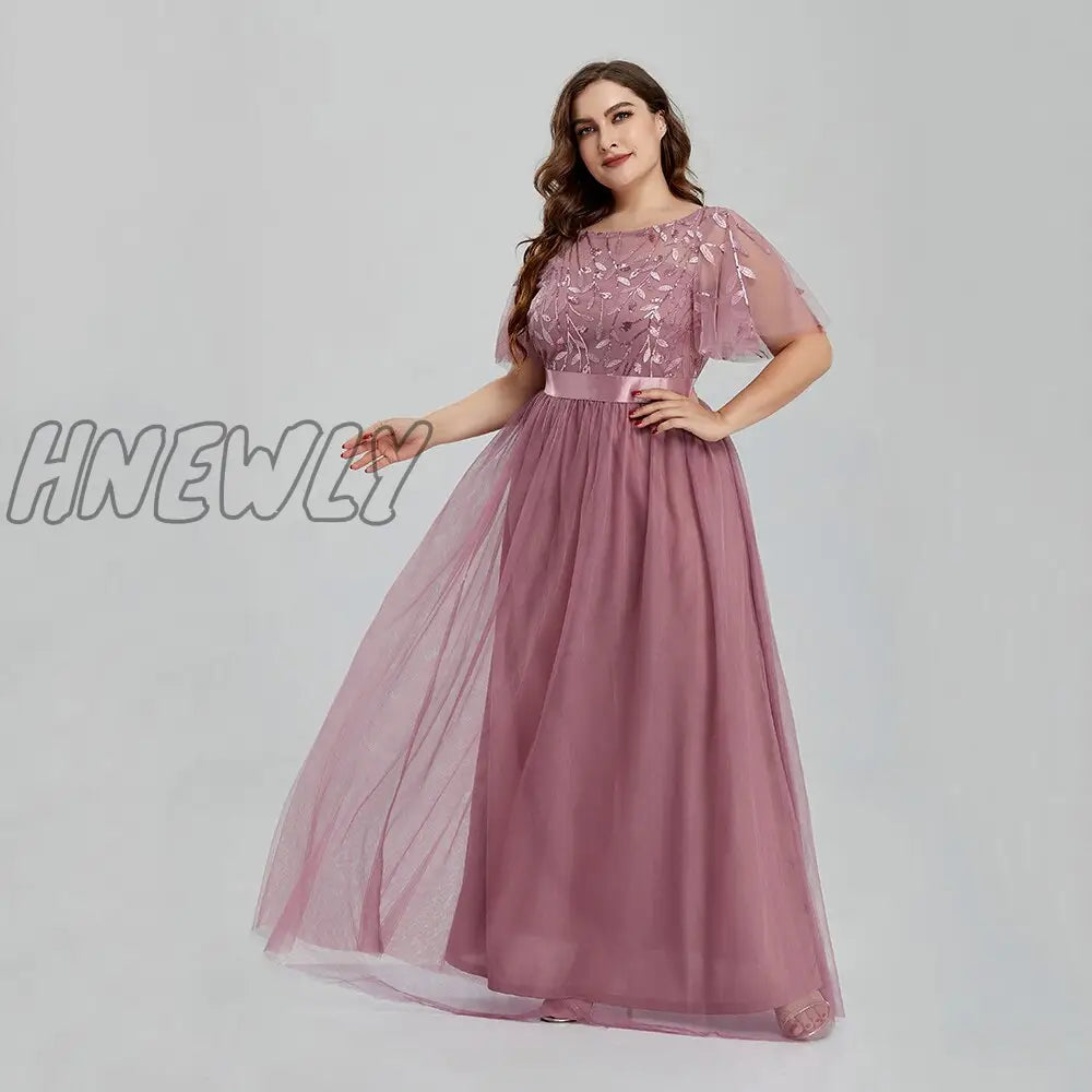 Hnewly Women’s Plus Size Mesh A-Line Sequin Embroidery Evening Dress Leaf Maxi Prom With Sleeves