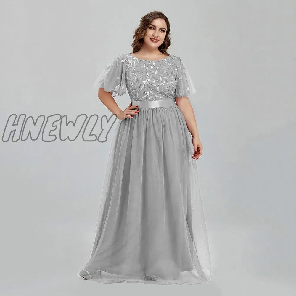 Hnewly Women’s Plus Size Mesh A-Line Sequin Embroidery Evening Dress Leaf Maxi Prom With Sleeves