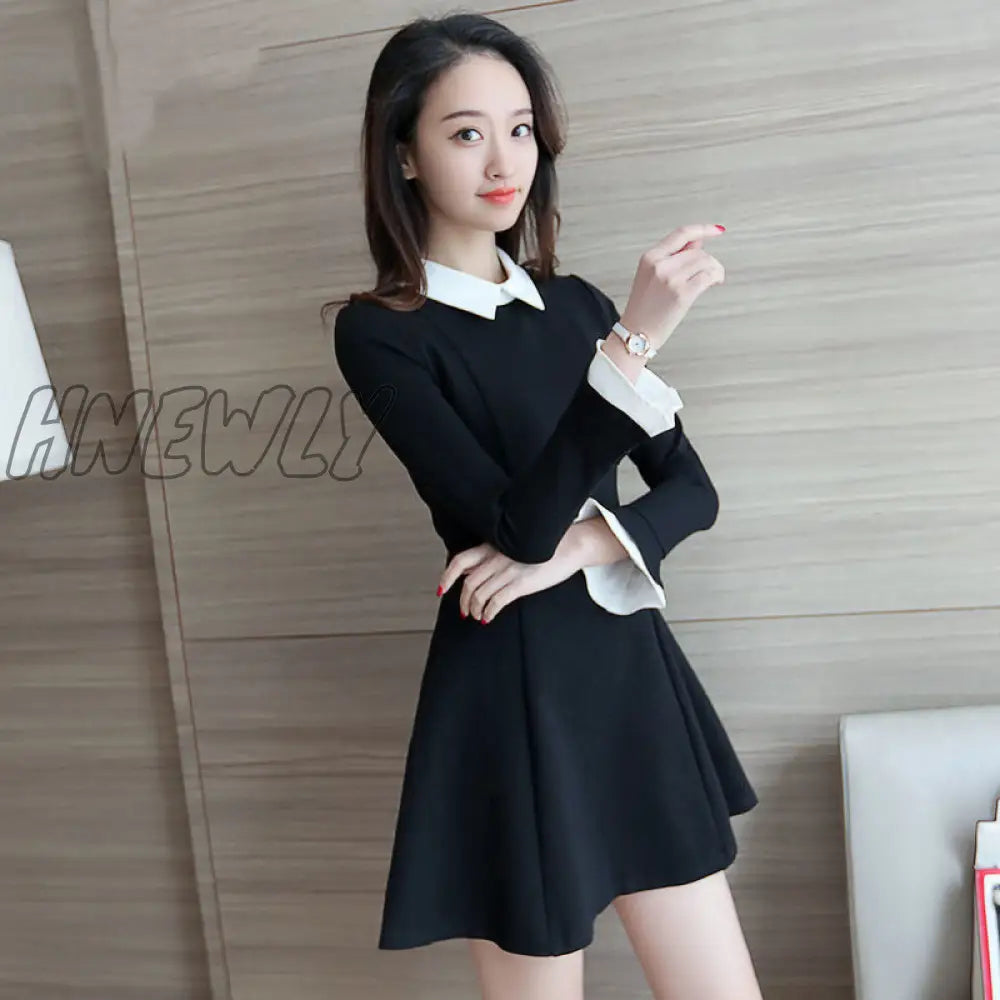 Hnewly Women’s Retro Black Autumn Long - Sleeved Dress Woman Vestido De Mujer Femme Robe New Year