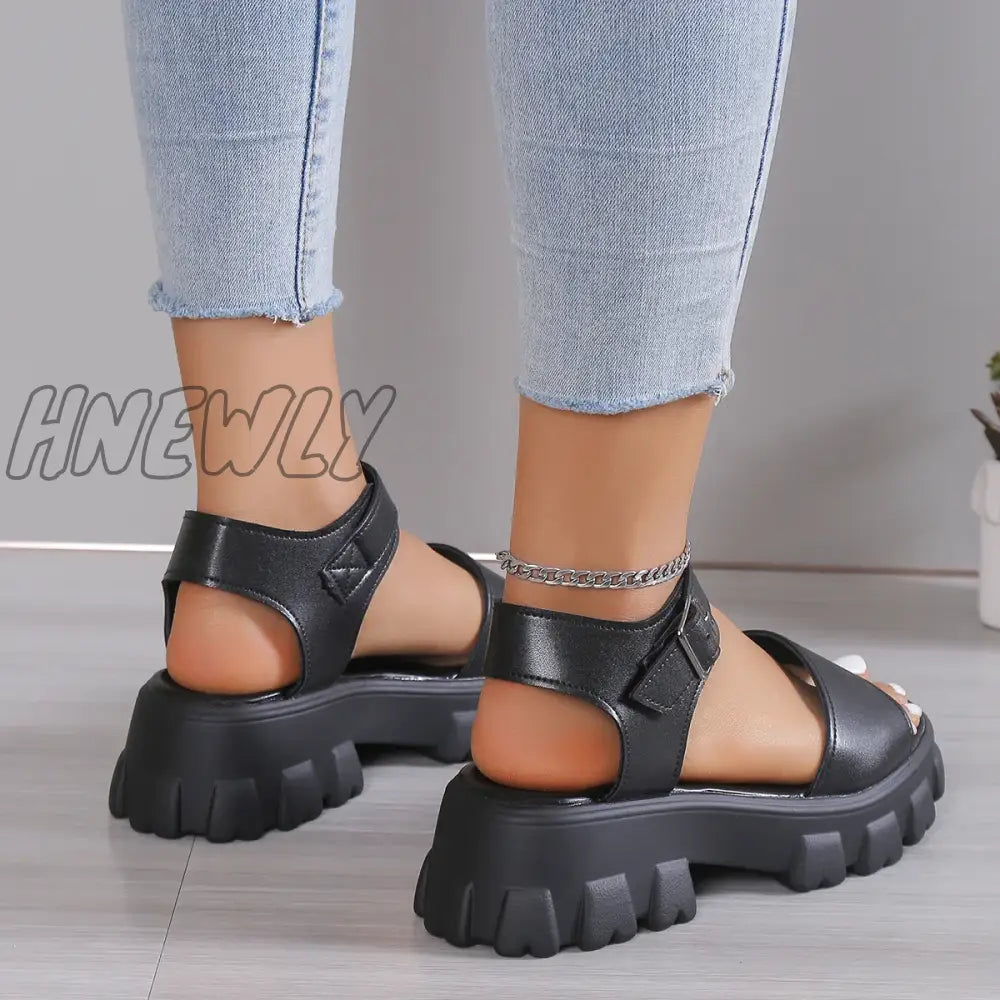 Women’s Sandal 2024 High Quality New Summer Outdoors Thick Heel Buckle Solid Color Non-Slip