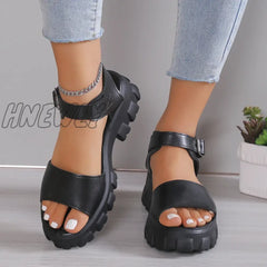 Women’s Sandal 2024 High Quality New Summer Outdoors Thick Heel Buckle Solid Color Non-Slip