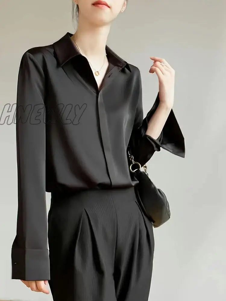 Hnewly Women’s Satin Blouse Long Sleeve French Fashion Solid Color Shirts Office Lady Clothes