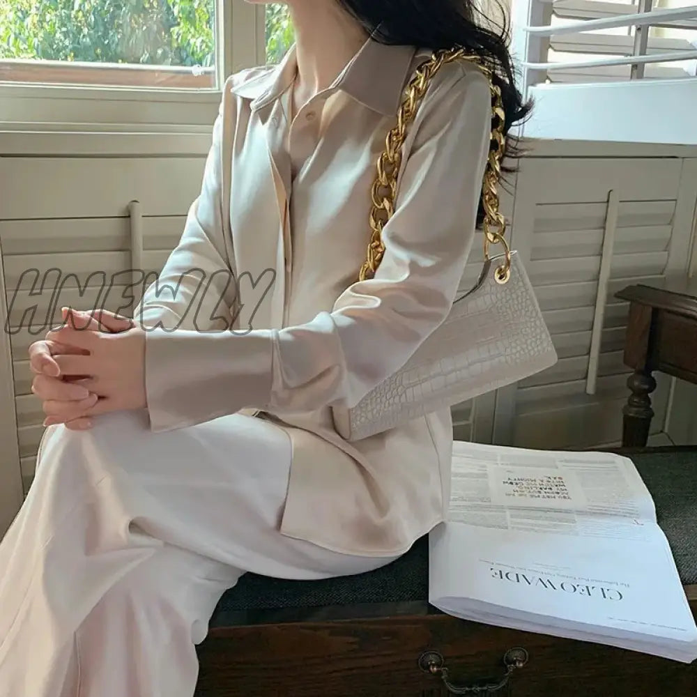Hnewly Women’s Satin Blouse Long Sleeve French Fashion Solid Color Shirts Office Lady Clothes