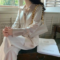 Hnewly Women’s Satin Blouse Long Sleeve French Fashion Solid Color Shirts Office Lady Clothes