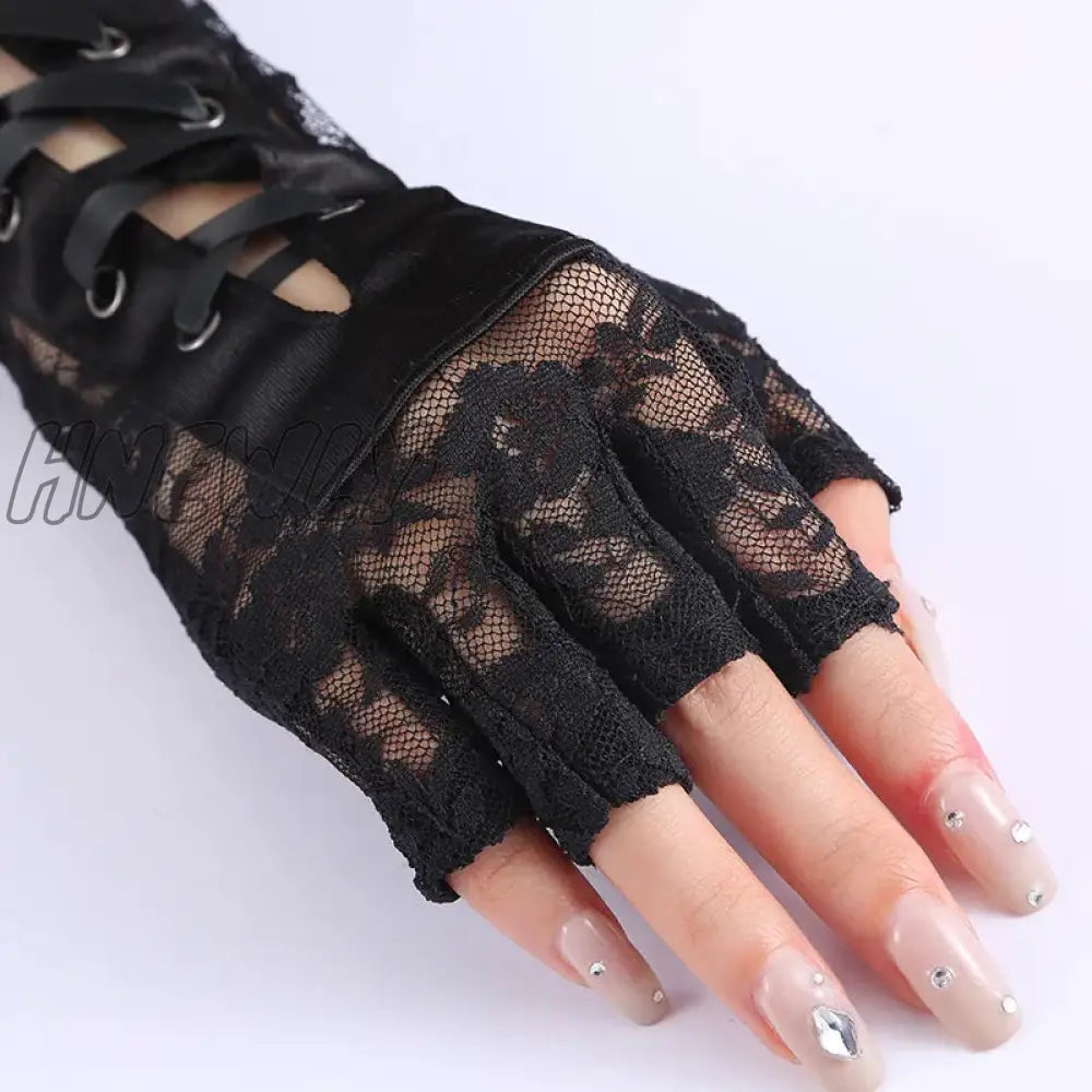 Hnewly Womens Sexy Elbow Length Punk Fingerless Lace Up Arm Warmer Gloves Black White，Halloween