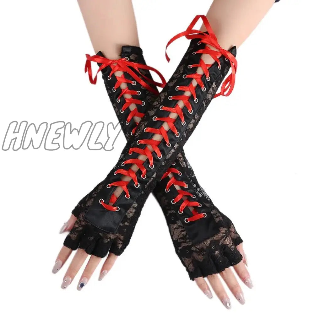 Hnewly Womens Sexy Elbow Length Punk Fingerless Lace Up Arm Warmer Gloves Black White，Halloween
