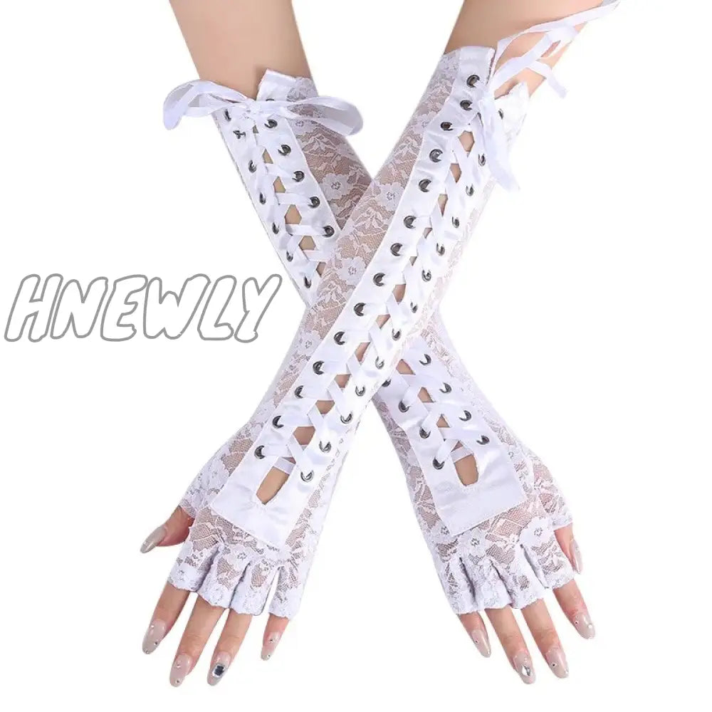 Hnewly Womens Sexy Elbow Length Punk Fingerless Lace Up Arm Warmer Gloves Black White，Halloween
