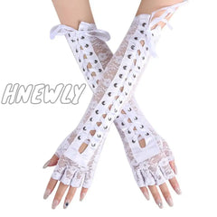 Hnewly Womens Sexy Elbow Length Punk Fingerless Lace Up Arm Warmer Gloves Black White，Halloween