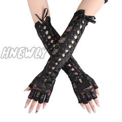 Hnewly Womens Sexy Elbow Length Punk Fingerless Lace Up Arm Warmer Gloves Black White，Halloween