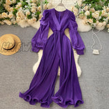 Hnewly Women’s Sexy Pleated Romper Autumn Solid Purple/Black/White Jumpersuit Female Ruffle Wide