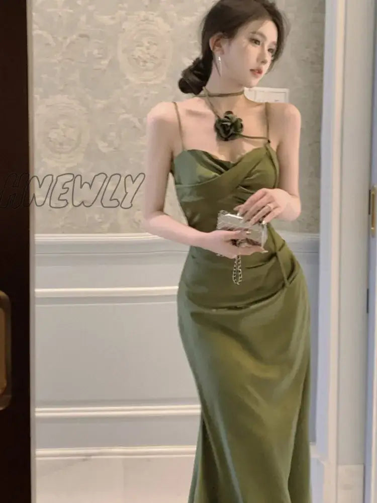 Hnewly Women’s Sexy Satin Midi Dress Slash Neck Slim Solid Elegant Camisole Dresses Evening Party