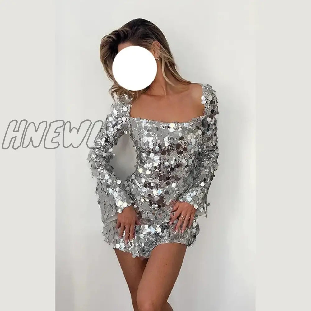 Hnewly Women’s Sexy Style Mesh Sequin Dress Square Neck Bandage Long Sleeve Short Skirt