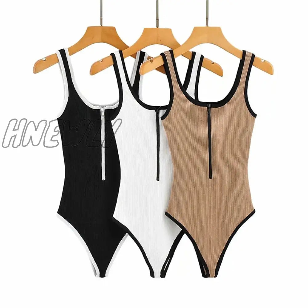 Hnewly Women’s Slim Fit Sports Black Retro Bodysuit Jumpsuit Zipper Solid Color Waistless Sexy