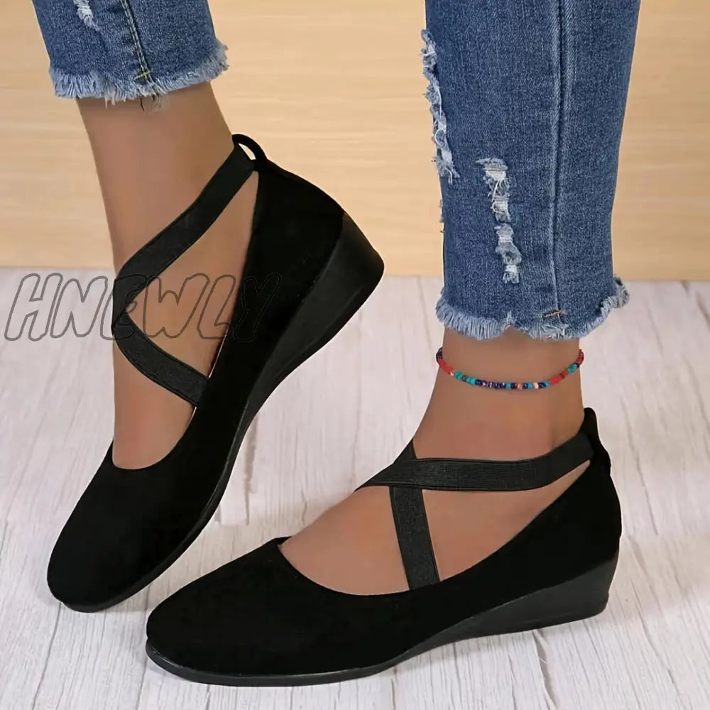 Hnewly Women’s Solid Color Shoes Slip On Elastic Cross Straps Comfy Soft Sole Lightweight Wedge