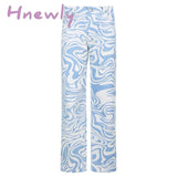 Hnewly Women’s Straight Leg Jeans Spring And Summer New Blue Animal Print Loose Street Casual