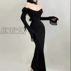 Hnewly Women’s Street Style One Shoulder Long Sleeve Dress Mesh Ruffle Ribbon Spring New