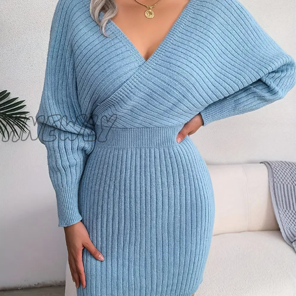 Hnewly Women’s Sweater Dress Long Sleeve Cocktail Dresses Wrap Knit Sexy Blue / S(4)